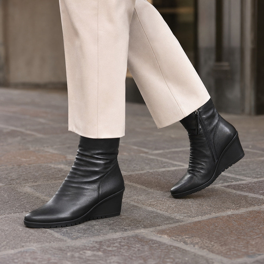 Women's Wedge Boots, Mid Calf Hidden Heel Pull On Booties Black – Styled Editorial Shot