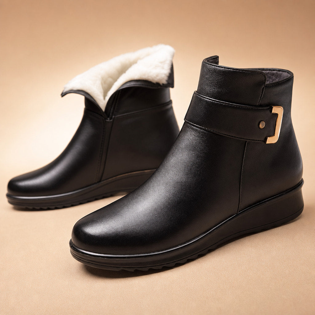 Women's Winter Ankle Boots, Buckle Strap Fleece Lined Flat Booties Black – Fabric and Detail Close-Up