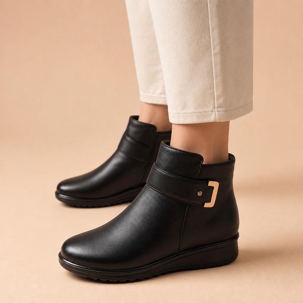 Women's Winter Ankle Boots, Buckle Strap Fleece Lined Flat Booties in Black – Mampierimoda Premium Womenswear