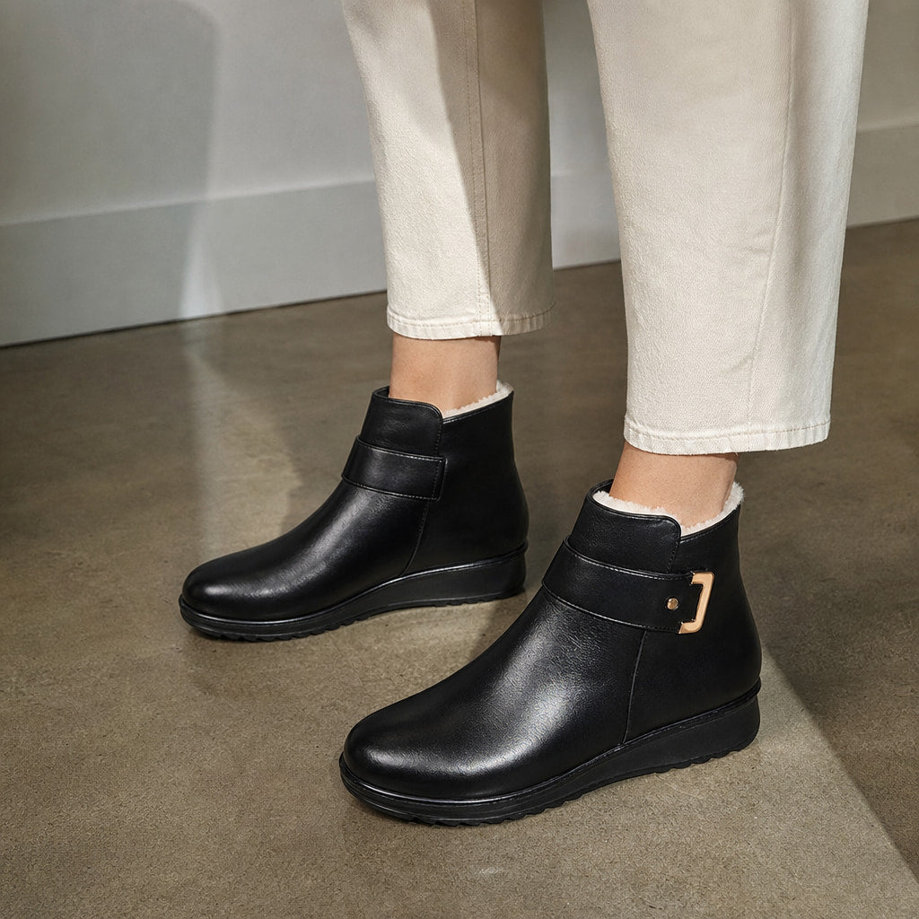 Women's Winter Ankle Boots, Buckle Strap Fleece Lined Flat Booties Black – Styled Editorial Shot, Detail