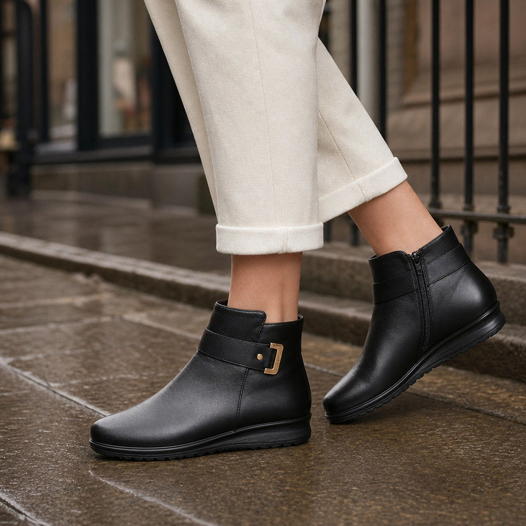 Women's Winter Ankle Boots, Buckle Strap Fleece Lined Flat Booties Black – Styled Editorial Shot