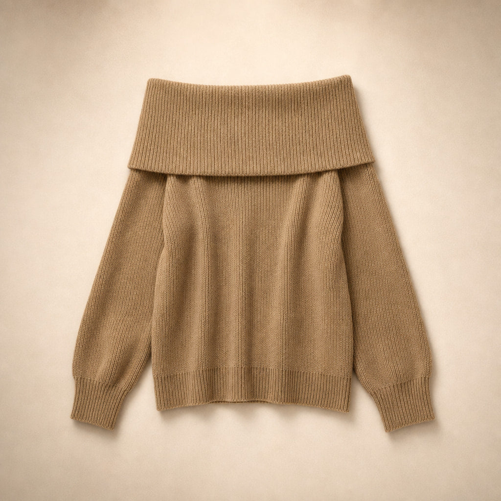 Ysabel Off Shoulder Sweater Khaki – Product Photo