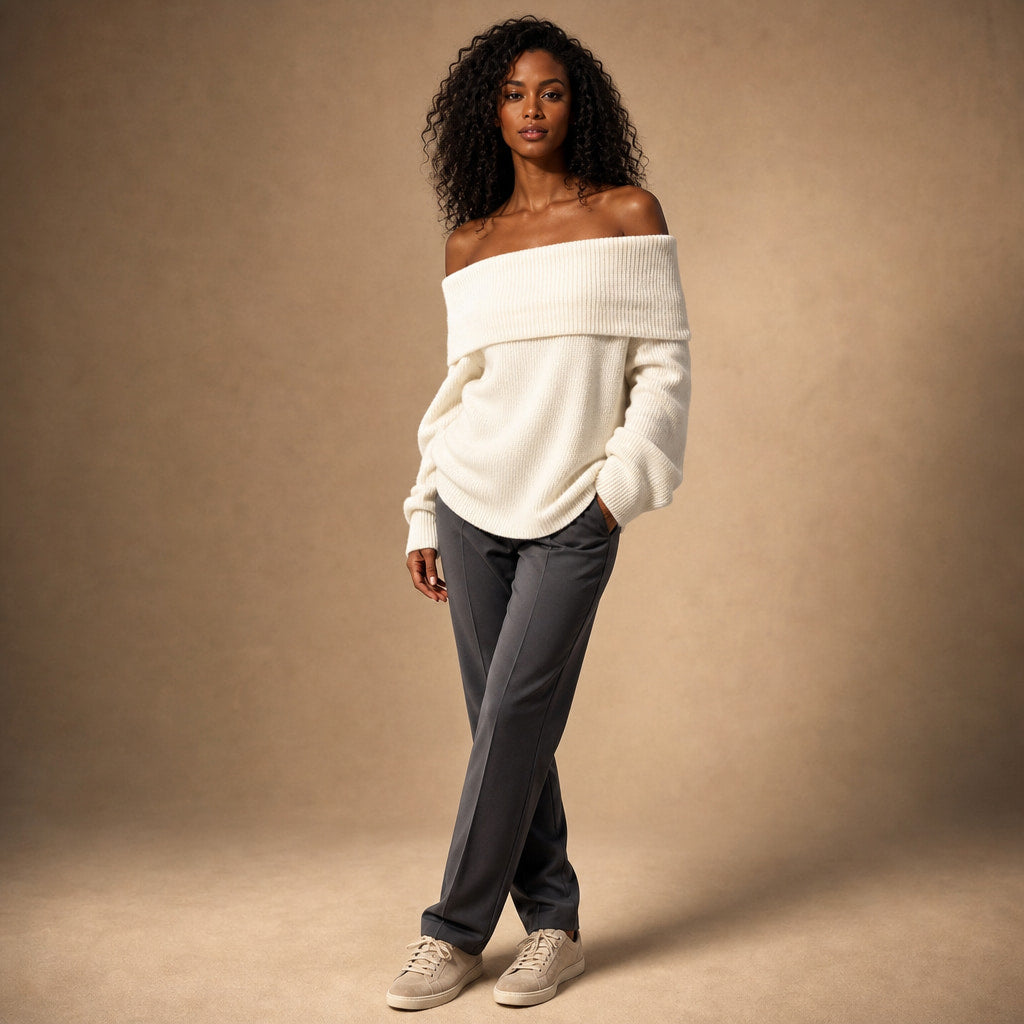 Ysabel Off Shoulder Sweater White – Side Angle View