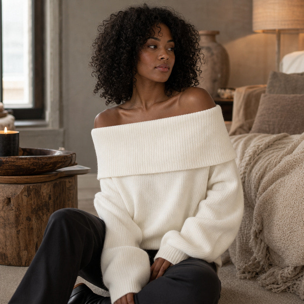 Ysabel Off Shoulder Sweater White – Styled Editorial Shot